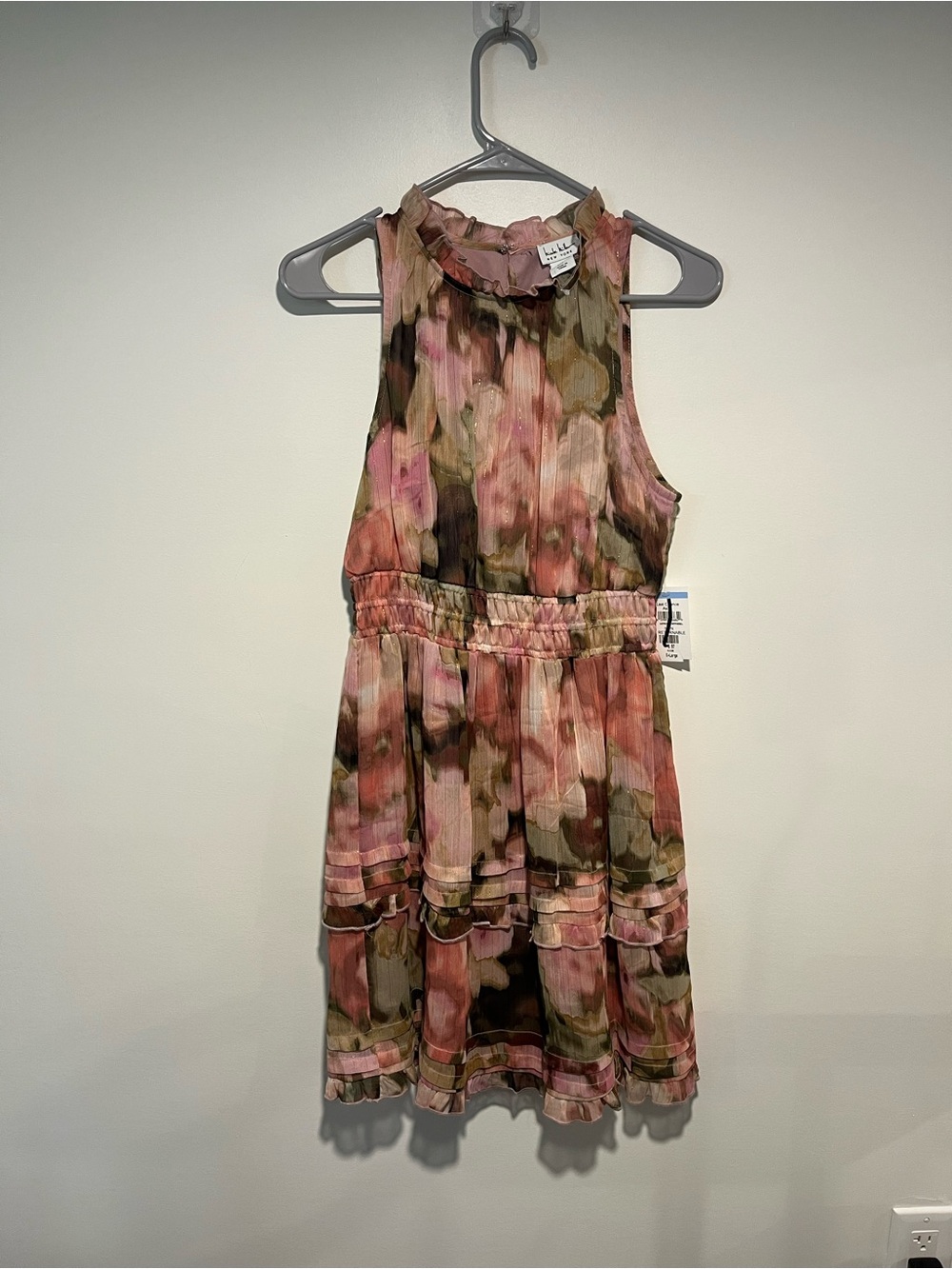 Nicole Miller Pink and Olive Watercolor Ruffle Dress